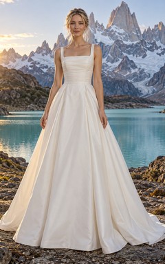 Sencillo vestido de novia de tafetán con escote cuadrado, tirantes, corpiño con pliegues y falda en línea A.