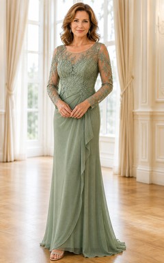 MOB Kleid Salbeigrünes Chiffon-Spitzenkleid, Etuikleid, lange Ärmel, V-Ausschnitt, bodenlang, gerafft