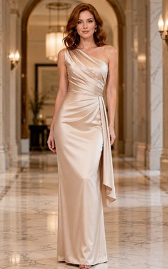 Champagne satin one shoulder draped sheath hotel gown