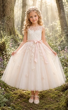 Blumenmädchenkleid aus perlmuttrosa Spitze und Tüll, A-Linie, Rundhalsausschnitt, Teelänge, Schleifendetail, Applikation