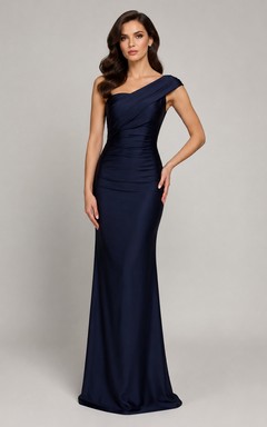 Robe de soirée sirène asymétrique en jersey bleu marine foncé avec encolure drapée