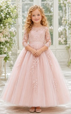 A-Line Royal Inspired Flower Girl Dress with High Neck, Long Illusion Sleeves, Floral Lace, Full Tulle Skirt, Formal Court Style