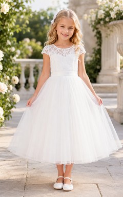 Flower Girl Dress Ivory Lace Tulle A-Line Jewel Neck Tea Length