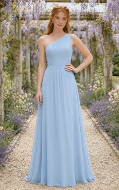 Sky Blue Formal Garden A-Line Chiffon Bridesmaid Dress with Sleeveless One-Shoulder Bodice, Pleated Floor-Length Skirt and Low V Back