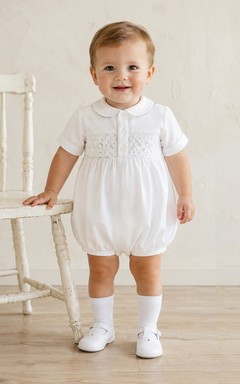 White Lace Bib Peter Pan Short Sleeve Christening Bubble Romper for Baby Boy