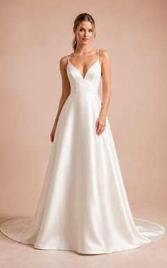 Simple Satin Plunging V-Neck Studio A-Line Bridal Gown