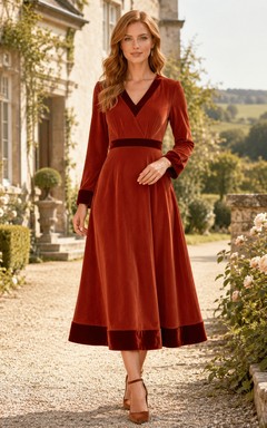 Burgundy V Neck Long Sleeve Velvet Trim Midi Guest Dress
