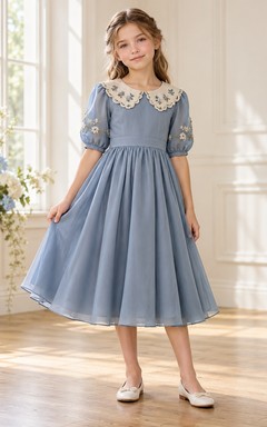 Steel Blue Floral Collar Elbow Sleeve Chiffon Flower Girl Dress