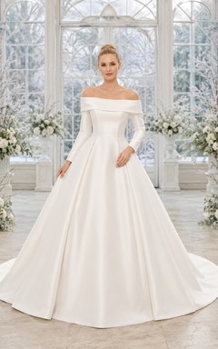 Robe de bal élégante en satin à épaules dénudées et manches longues, avec traîne chapelle, idéale pour un mariage d'hiver