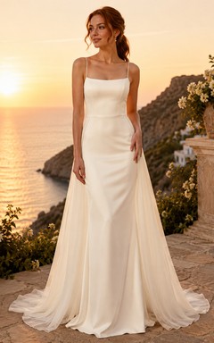 Minimalistisches Chiffon-Brautkleid, A-Linie, eckiger Ausschnitt, ärmellos, kurze Schleppe
