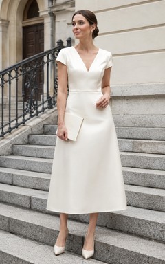 Vestido de novia civil midi de satén con escote en V y mangas cortas