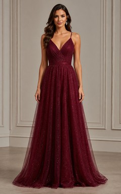 Burgunderfarbenes, glitzerndes Tüll-Abendkleid mit Spaghettiträgern und A-Linie