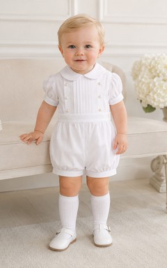 White Pintuck Waistband Collar Short Sleeve Christening Bubble Romper for Baby Boy