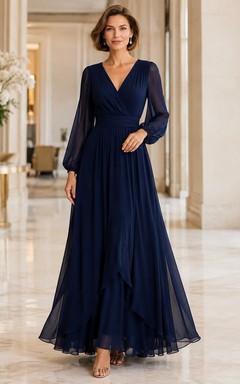 Dark Navy V-Neck Illusion Long Sleeve Chiffon Pleated Formal Mother Gown