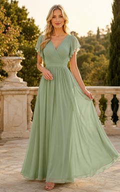 Salbeigrünes Chiffonkleid mit V-Ausschnitt und flatternden Ärmeln