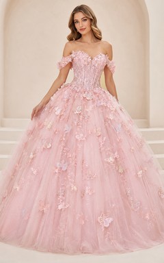 Blushing Pink Luxury Off Shoulder Three Dimensional Butterfly Quinceanera Princess Ball Gown