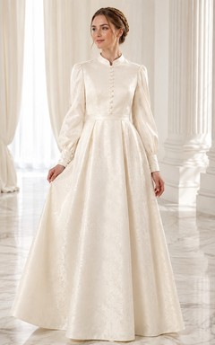 High Neck Long Sleeve Pleated Floor-length A-line Satin Modest Romantic Wedding Dress