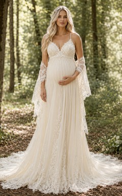 Umstands-Hochzeitskleid mit Spaghettiträgern, Spitzenschleier und Waldmotiv