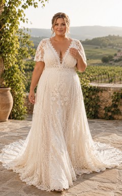 Robe de mariée grande taille en dentelle, col en V, coupe trapèze, manches courtes et traîne