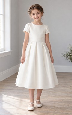 Schlichtes elfenbeinfarbenes, teelanges Blumenmädchenkleid mit abgerundeten, flachen, kurzen Ärmeln, strukturiertem Satin, breitem Bund, tiefen Falten, A-Linien-Schnitt und Reißverschluss am Rücken.