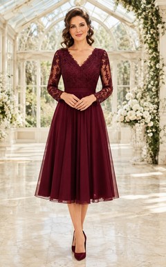Burgundy Long Sleeve V-Neck Tea-Length Lace A-Line Evening Dress