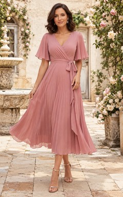 Dusty Rose V Neck Flutter Sleeve Pleated Tea Guest Dress