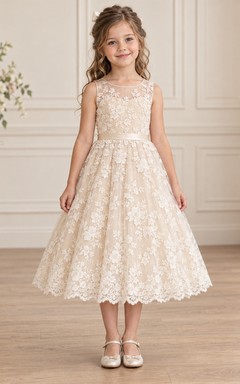 Vestido de niña de flores de corte A, largo hasta la rodilla, color marfil, con estampado floral, encaje, sin mangas, borde festoneado y cinta.