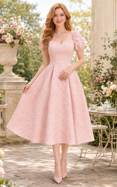 Garden Salon Blush A-Line Tea-Length Square Short-Sleeve Lace Vintage Guest Dress