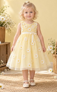 Teelanges gelbes, geblümtes Sommerkleid in A-Linie aus Tüll, ärmellos mit Schleife in der Taille, Blumenmädchenkleid