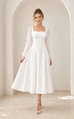 Quiet Arcade White A-Line Tea-Length Square Long-Sleeve Chiffon Modest Cocktail Dress