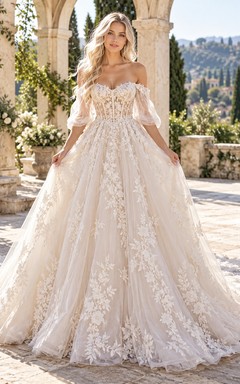 Boho Off Shoulder Sheer Puff Sleeve Floral Tulle Wedding Dress