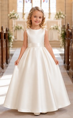 Klassisches A-Linien-Blumenmädchenkleid aus Satin mit Schleife am Rücken