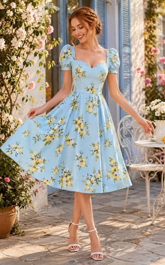 Vestido de gasa azul limón con estampado floral, cuello cuadrado, manga corta, corte en A y largo hasta la rodilla