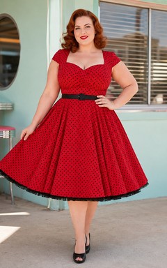 Ruby Square Kurzarm-Baumwollkleid im A-Linien-Stil, knielang, mit Polka-Dots im Retro-Look