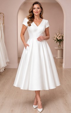 1950s Tea-Length V-Neck Cap Sleeve Satin Courthouse Vintage Wedding Dress