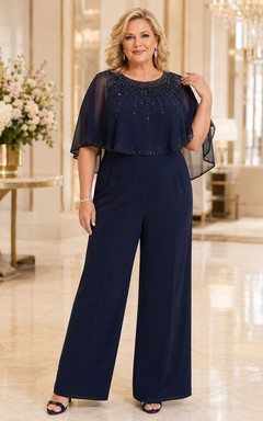 Eleganter Jumpsuit in Übergröße, dunkelblau, mit Rundhalsausschnitt, Perlenbesatz, kurzem Cape-Ärmel, weitem Bein und formeller Abendgarderobe