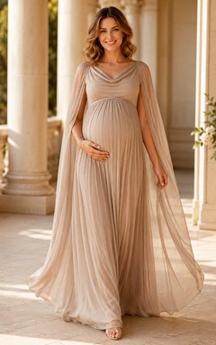 Taupe Chiffon V-neck Long Sleeve Empire Maternity Formal Gown