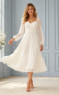 Ivory Sweetheart Long Sleeve Pleated Chiffon A-Line Midi Dress