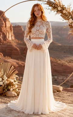 Conjunto de novia Canyon de gasa con encaje geométrico de ganchillo y cuello alto