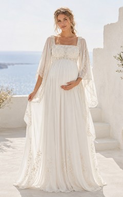 Maternity Wedding Dress Square Neck Bell Sleeve Lace Destination Bridal Gown with Soft Skirt
