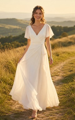 Robe de mariée en mousseline à manches papillon pour une escapade champêtre dans une prairie.
