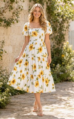 Sunflower Print Square Neck Puff Sleeve Summer Midi Dress