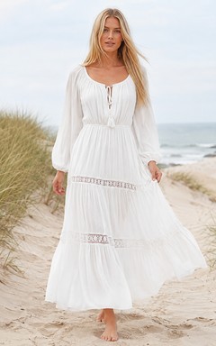 Robe de mariée bohème de plage en mousseline de soie et dentelle à volants, col rond et manches bouffantes