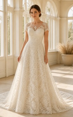 Vestido de novia de corte A con escote joya, manga corta y escote ilusión discreto.