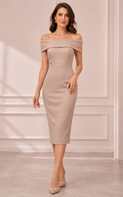 Elegant Taupe Off Shoulder Beaded Sheath Knee Length Cocktail Dress