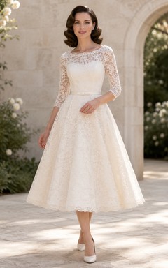Robe de mariée vintage années 1950, style bateau, manches trois-quarts en dentelle, coupe trapèze, longueur thé