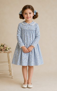 Robe de demoiselle d'honneur bleu ciel en mousseline, coupe trapèze, manches longues simples, encolure bijou et jupe longueur genou à plis souples.