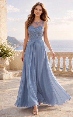 Steel Blue Lace Chiffon A-Line Formal Dress