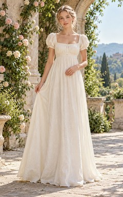 Robe de mariée longue empire à col carré simple et manches bouffantes, style Régence, pour une fugue amoureuse