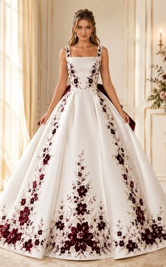 Burgunderfarbenes, eckiges Satin-Ballkleid mit Spaghettiträgern, Stickerei und Schleife, bestickt, mit Spaghettiträgern
